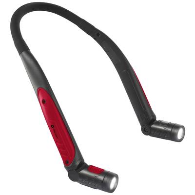 'Flexible work light with two adjustable LED lamps and a red handle. Suitable for illuminating hard-to-reach areas.'