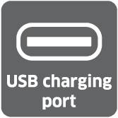 Symbol for 'USB charging port' with outline of a USB-C connector at the top and text underneath.