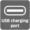 Symbol for 'USB charging port' with outline of a USB-C connector at the top and text underneath.