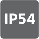 'IP54' on a grey background, indicates that the device is protected against harmful dust ingress and is resistant to water splashes.