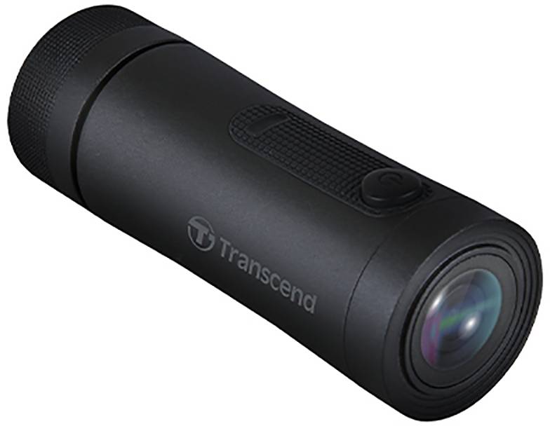 Black, cylindrical camera with Transcend logo, showing view of the lens.
