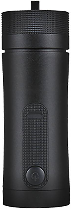 Black, cylindrical coffee cup with a ribbed section and button at the bottom. Minimalist design, portable for on-the-go.