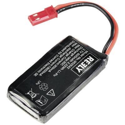 A rectangular, black battery with red and black connecting cables. Printed markings show technical specifications and symbols.
