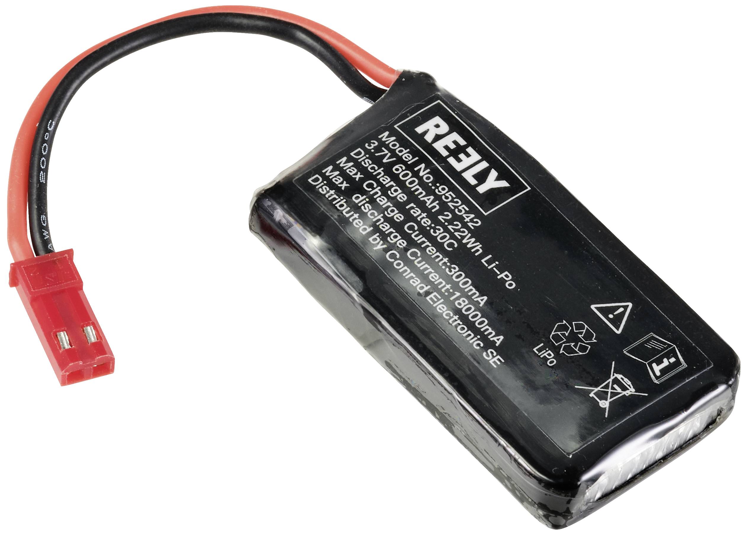 A black lithium-polymer battery with a red connection plug and technical data printed on it.