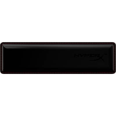 Black keyboard wrist rest with red stitching. HyperX logo on the left.