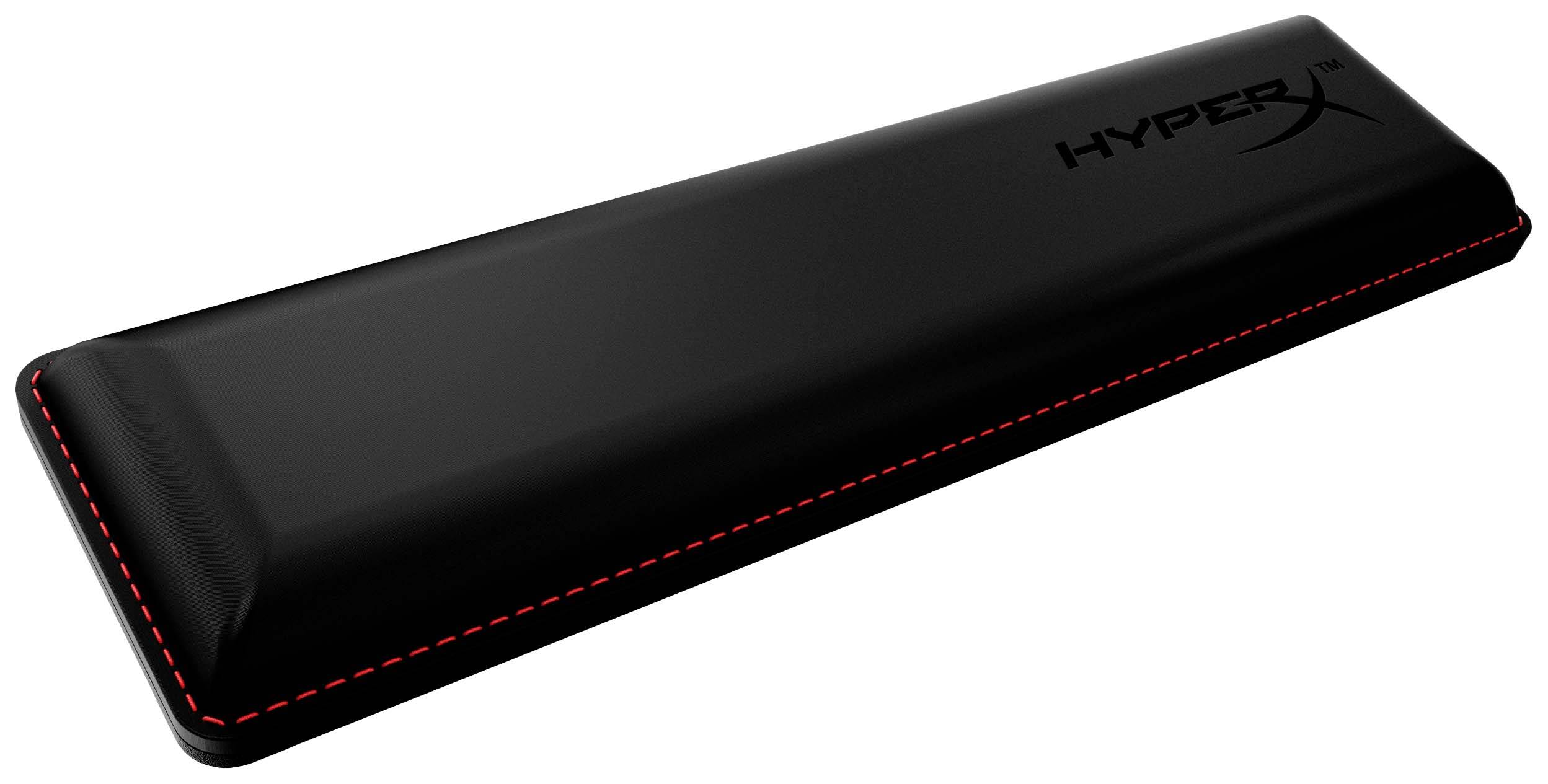 Black HyperX wrist rest with red stitching. Suitable for keyboards to support an ergonomic hand position.