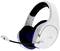 White gaming headset with microphone, black inner padding and blue accents. Suitable for PC and console players.