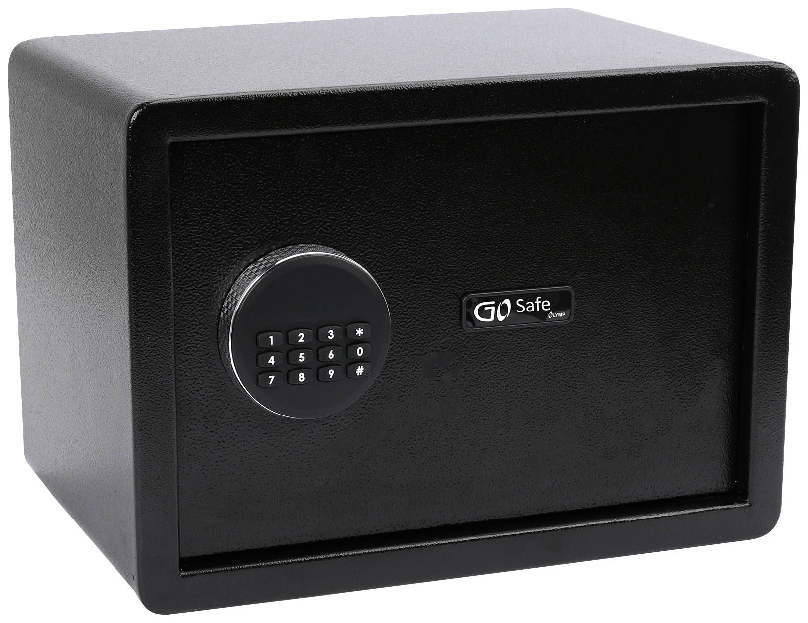 A black safe with a digital keypad lock on the front.