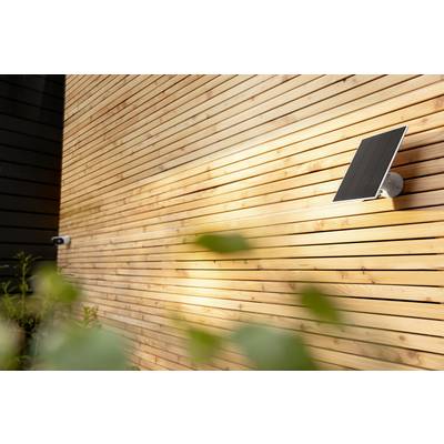 Solar panel on a modern wooden facade, illuminated by sunlight. A camera beside it. Vegetation in the foreground.