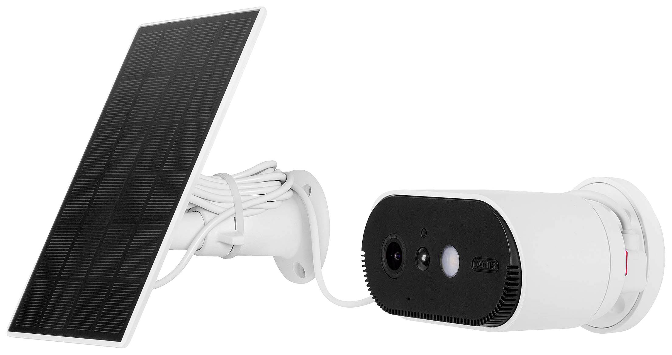 Solar-powered security camera with cable connection. Camera designed to enhance outdoor security.