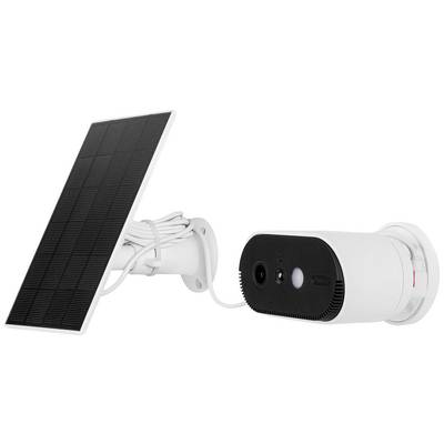 Solar-powered security camera with cable connection. Camera designed to enhance outdoor security.