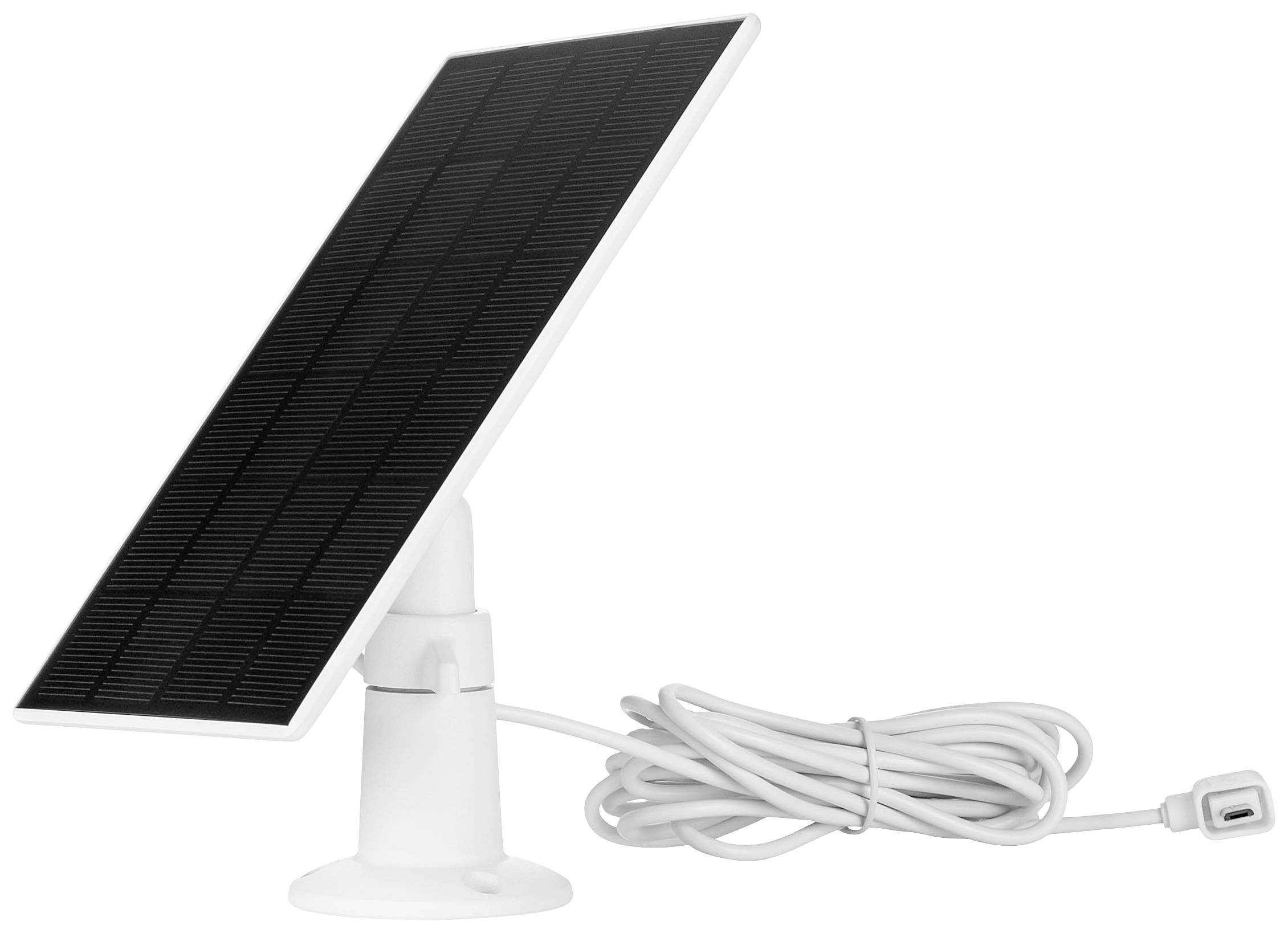 A black solar panel on a white stand with a long white cable.
