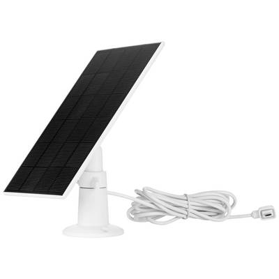 A black solar panel on a white stand with a long white cable.
