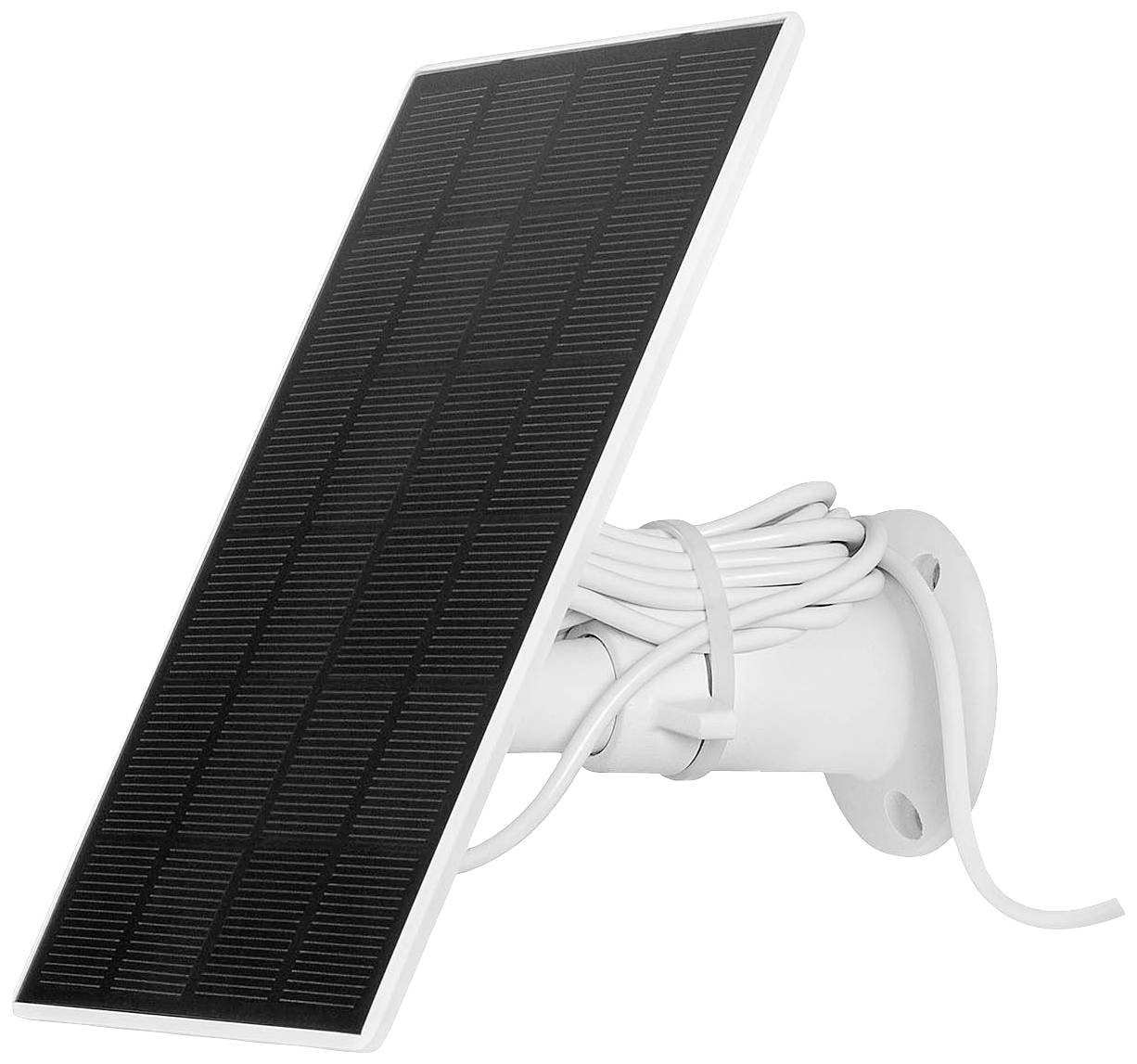 Solar panel for wall mounting with transparent cable, suitable for powering small devices or lighting.