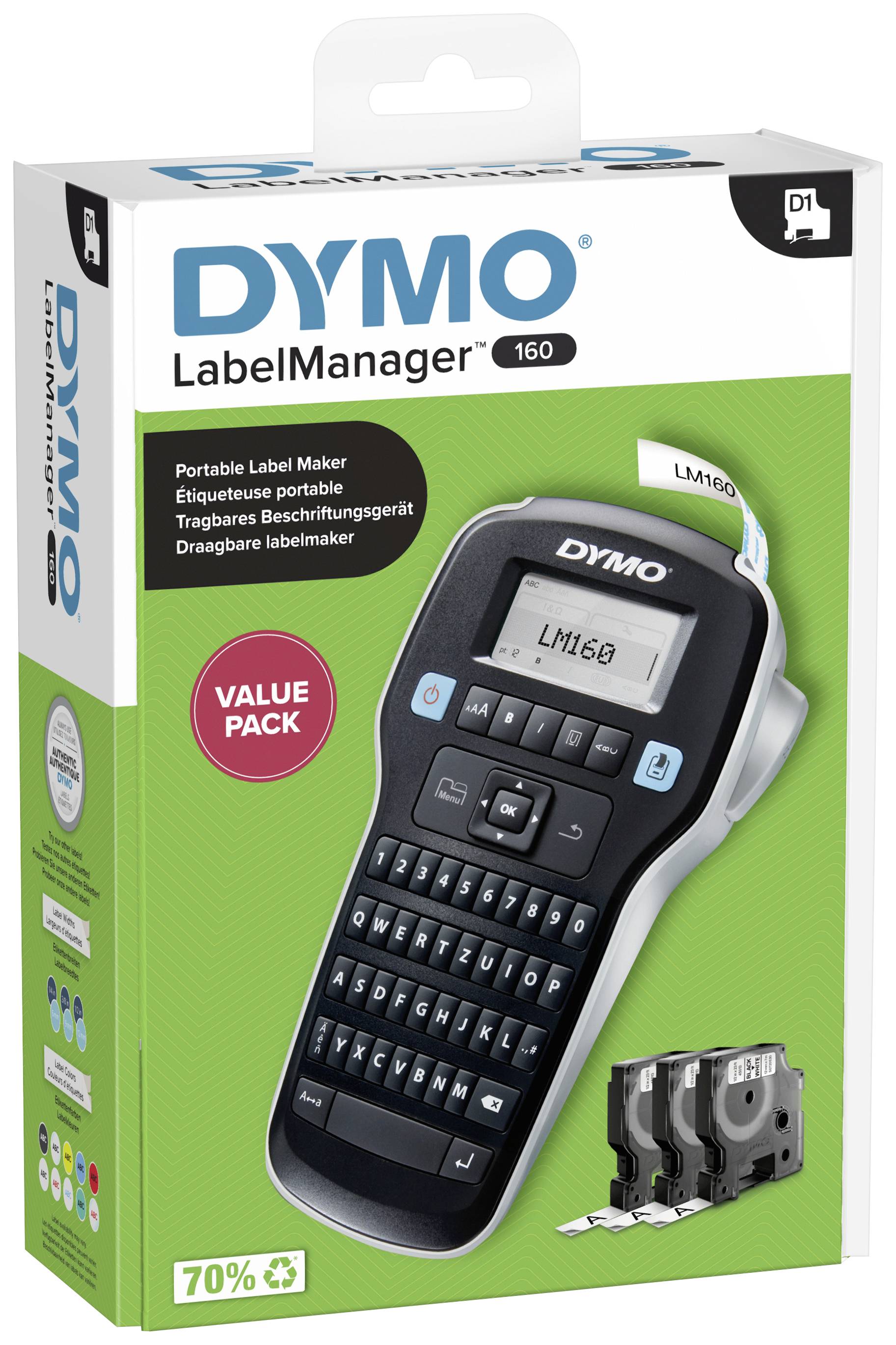stribe Parametre tro DYMO Labelmanager 160 Value Pack Label printer Suitable for scrolls: D1 12  mm, 9 mm, 6 mm | Conrad.com