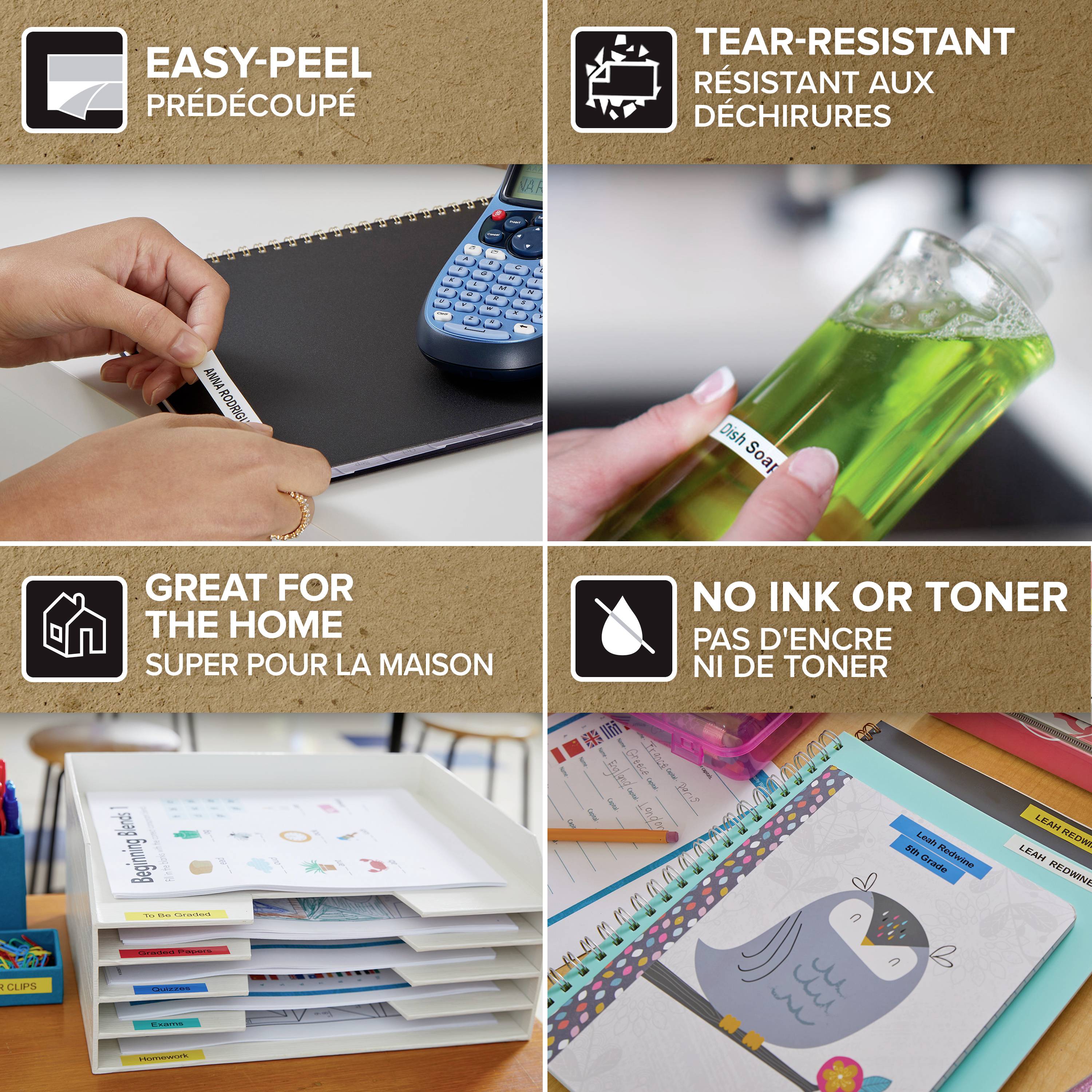 The image shows four scenes depicting label applications: a removable label on a notebook, a smudge-proof label on a bottle, label storage on a shelf, and long-lasting labels.