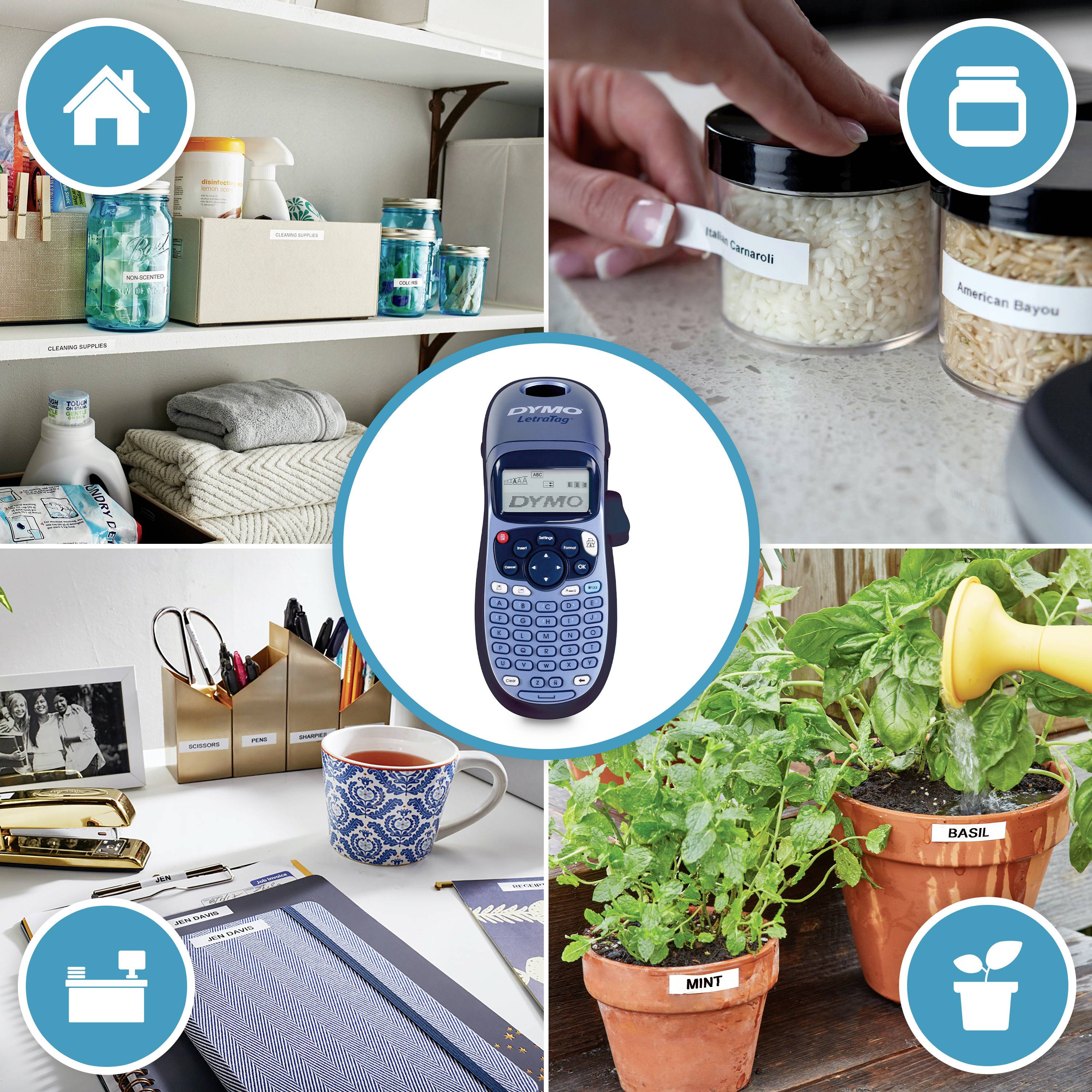 Labels help to organise household items, office supplies, and plants. An electronic label maker in the centre.