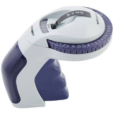 White and blue label maker with a rotary dial displaying letters and numbers, used for creating labels.