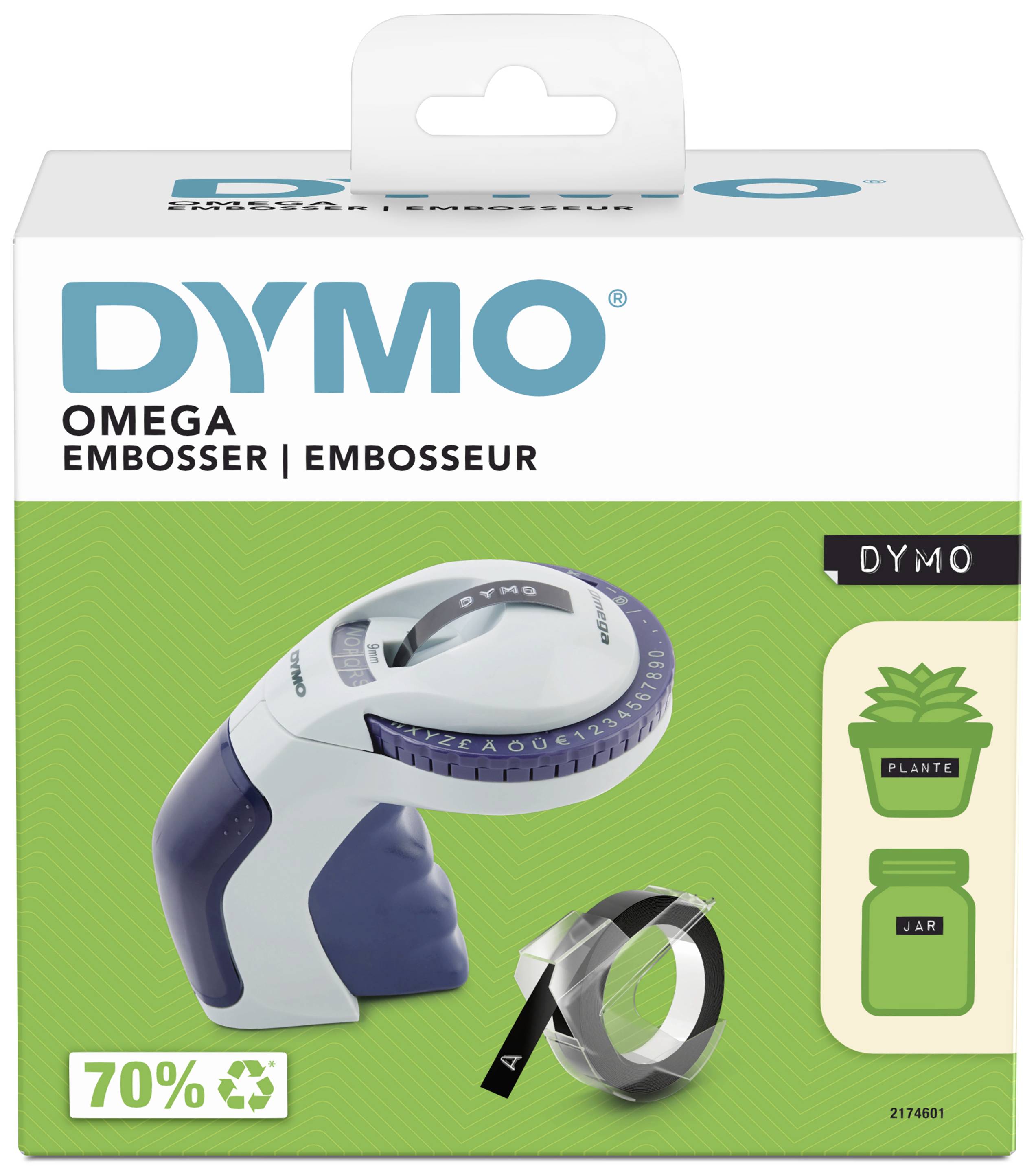 The packaging of a Dymo Omega embossing device shows the device itself and an embossing tape roll. A symbol indicates 70% recycled material.