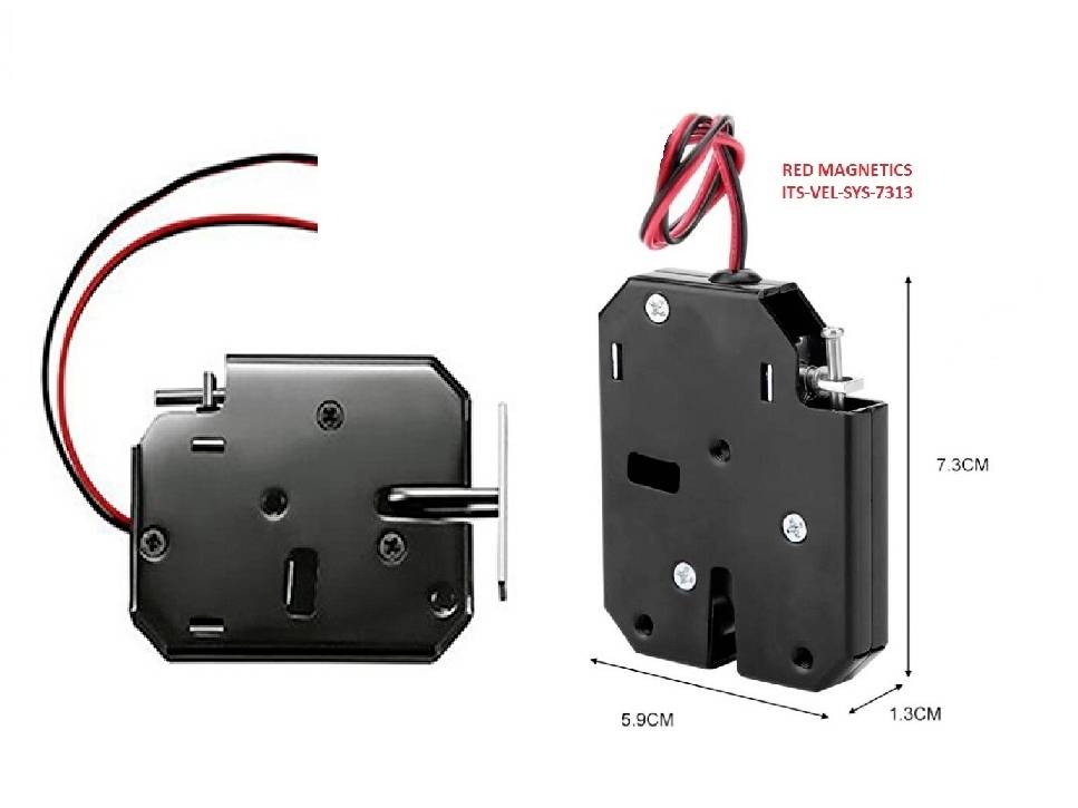 Magnetic bolt lock in Black with red and black cables, dimensions: 5.9 cm x 1.3 cm x 7.3 cm. Product name 'RED MAGNETICS ITS-VEL-SYS-7313'.
