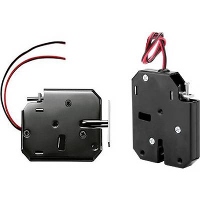 Electric door lock with two black housings and red cables, each with mounting holes and a locking mechanism.