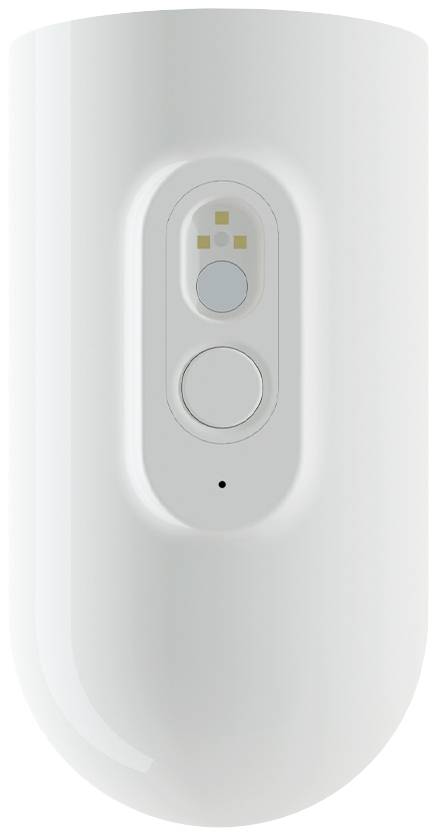Motion sensor in white casing, showing sensor button and LED indicator. Device for monitoring and detecting movement.