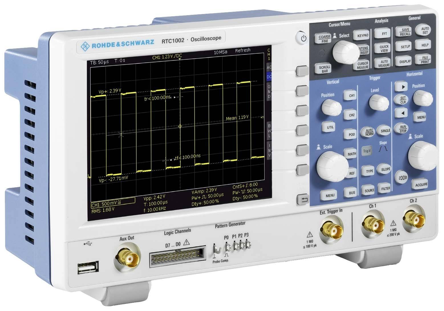 An oscilloscope with a display showing a waveform graphic. On the right are numerous buttons and rotary controls for operation.