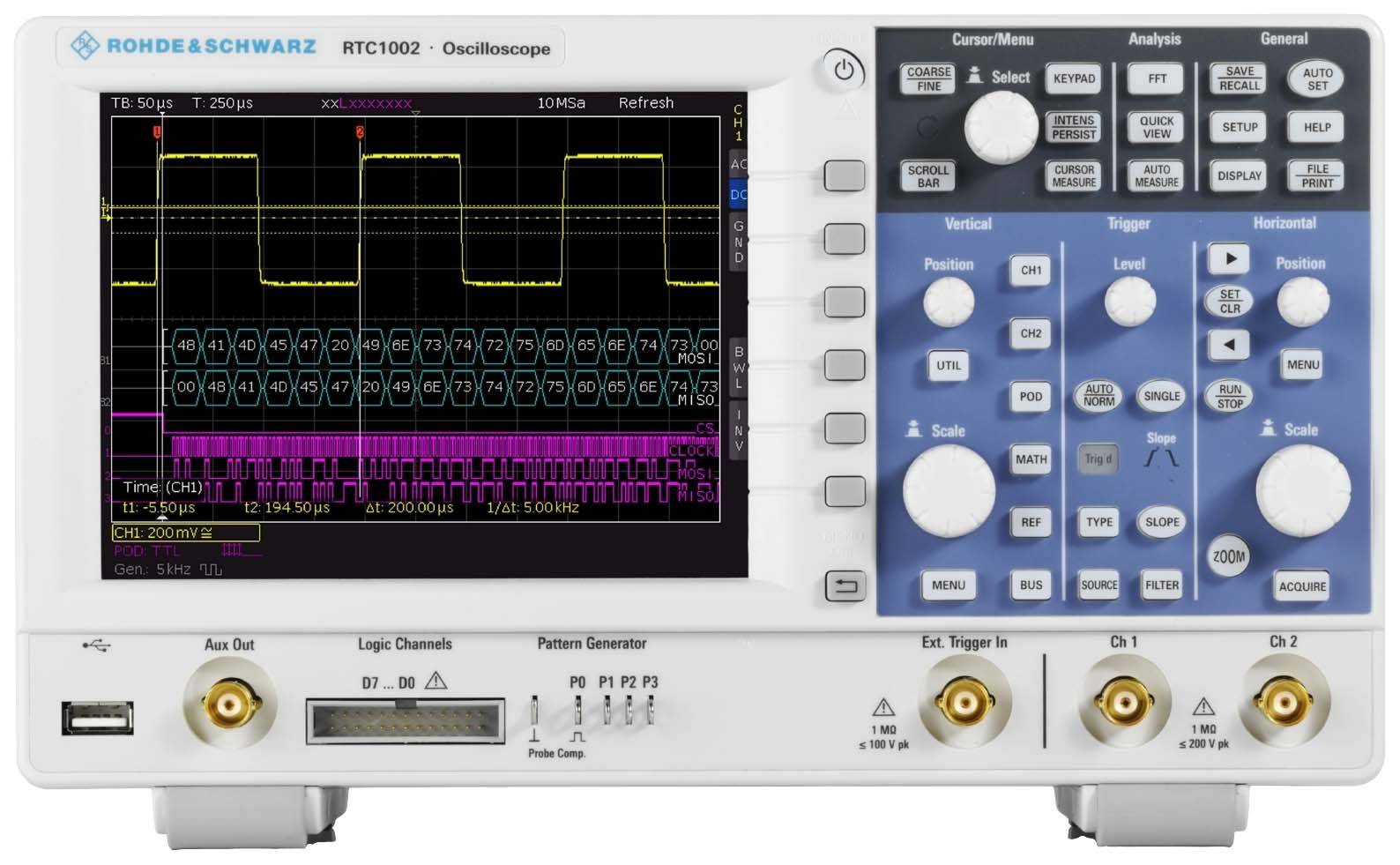 Oscilloscope, model RTC1002 by Rohde & Schwarz, displays two wave signals on the screen with detailed measurement values and control elements on the right.
