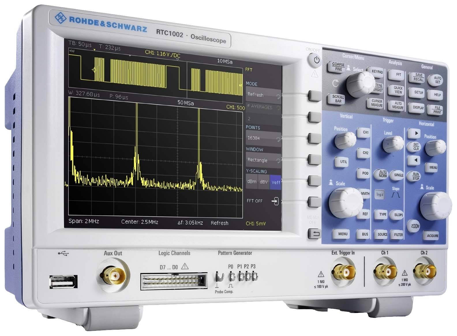 A digital oscilloscope with a diagram on the screen showing frequency peaks at 50 MHz, surrounded by control buttons.