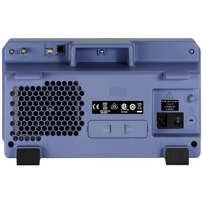 The rear side of a blue electronic device with ventilation grille, power connection, and sockets for network and telephone.