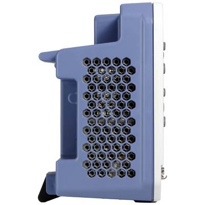A blue, rectangular speaker with a hexagonal pattern on the side; image shows the side view of the device.