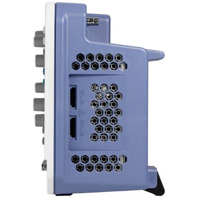 Side view of an electronic device with a blue cover, ventilation grilles, and two HDMI ports.