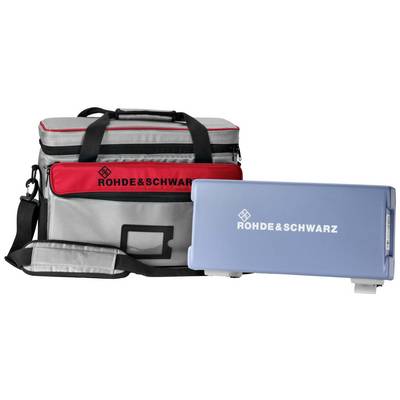 A grey and red bag with 'ROHDE & SCHWARZ' printed on it, next to a blue case with the same logo. Suitable for technical equipment.