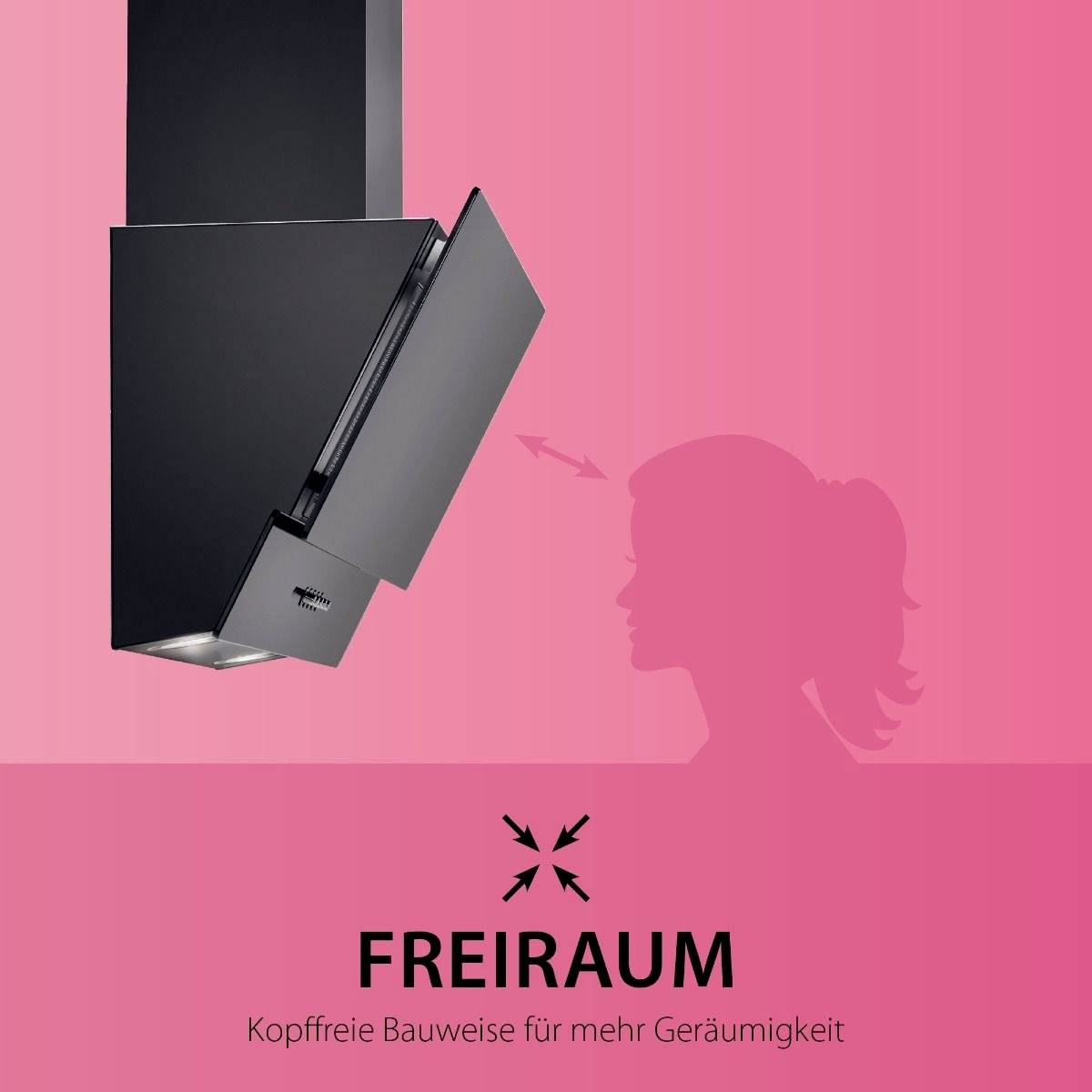 Cooker hood in black design protrudes at an angle from the wall, with a pink background and the text 'Spacious: Headroom design for greater spaciousness'.