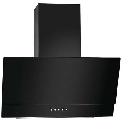 A black cooker hood with an angled design. Five control buttons at the bottom for settings. Suitable for modern kitchens.