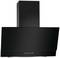 A black cooker hood with an angled design. Five control buttons at the bottom for settings. Suitable for modern kitchens.