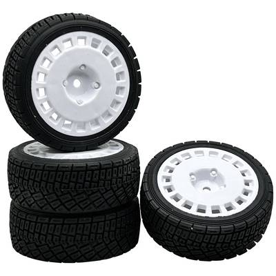 Four black tyres with white rims are stacked. They display a simple, robust tread pattern and appear to be intended for a model car.