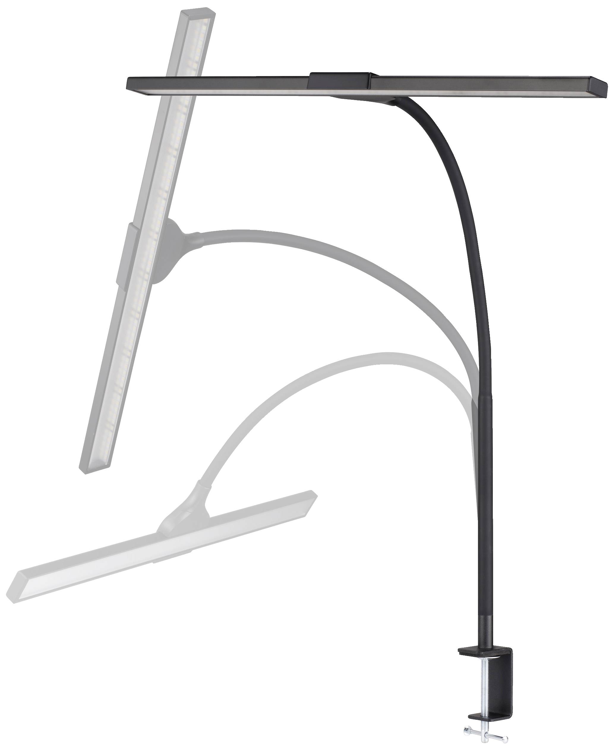 Black LED desk lamp with long, flexible arm and clip for attaching to the desk edge. Ideal for precise lighting.