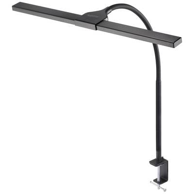 A black LED lamp with a clip attached to a straight arm. It is typically used for illuminating reading desks.