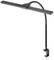 A black LED lamp with a clip attached to a straight arm. It is typically used for illuminating reading desks.