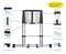 Telescopic ladder with 150 kg load capacity. Marked components: coupling, handle, non-slip rung, stabiliser, locking mechanism, safety strap.
