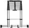 Aluminium telescopic ladder with black strap and non-slip feet, suitable for working at height.
