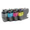 Four Brother ink cartridges (BK, C, M, Y) lined up side by side. Each has a label with colour, model, and brand logo.