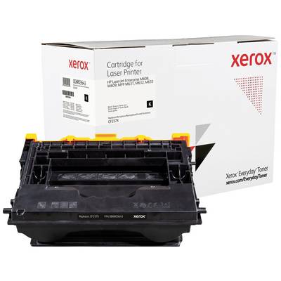 Toner cartridge in front of packaging. Text on packaging: 'Cartridge for Laser Printer.' Brand: Xerox. Black cartridge for HP printer.