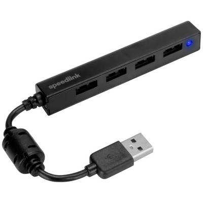 Four-way USB hub in black with three USB ports and a blue control light, connected with a short USB cable.