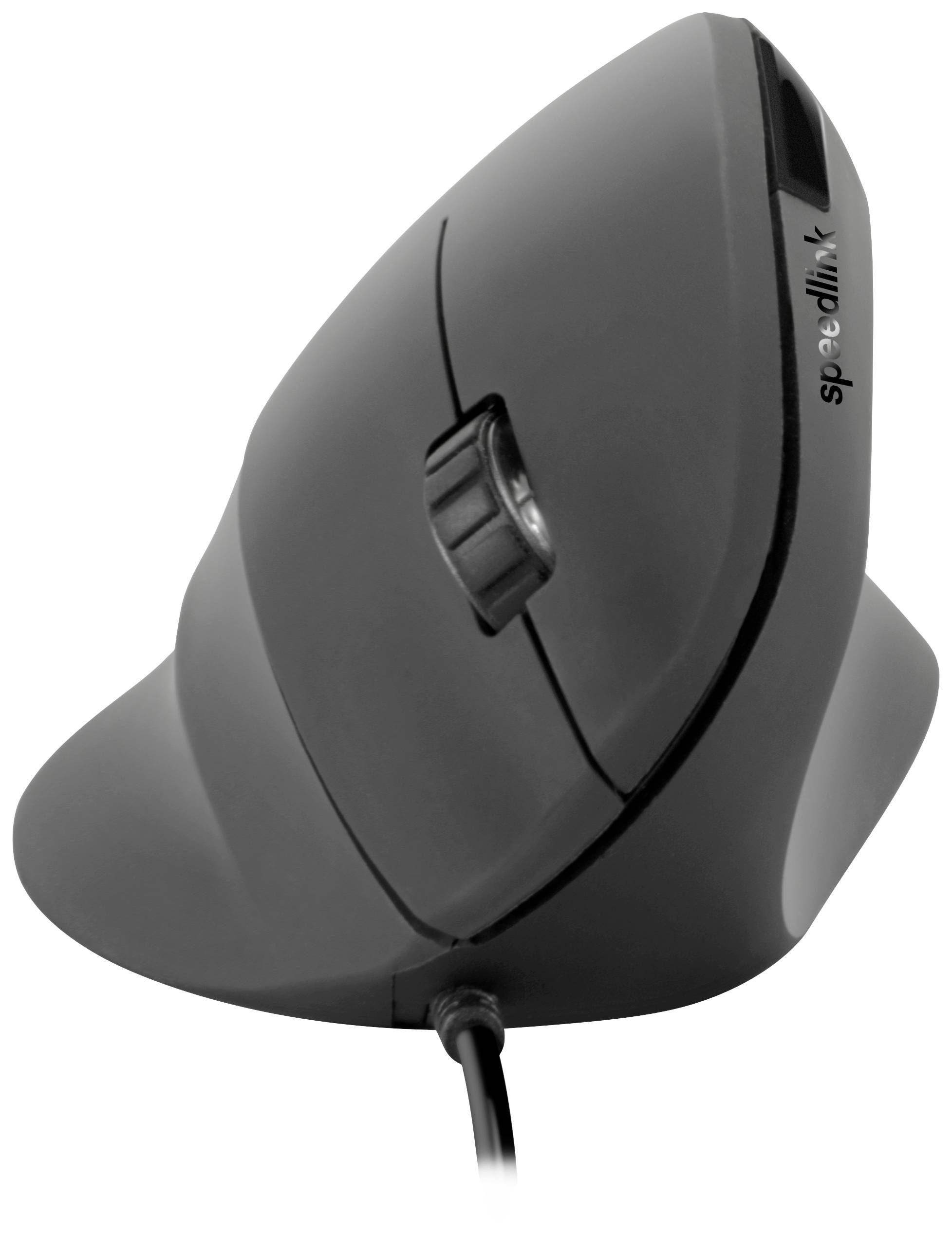 Vertical ergonomic computer mouse in grey plastic with wired connection. Designed for wrist comfort during prolonged use.
