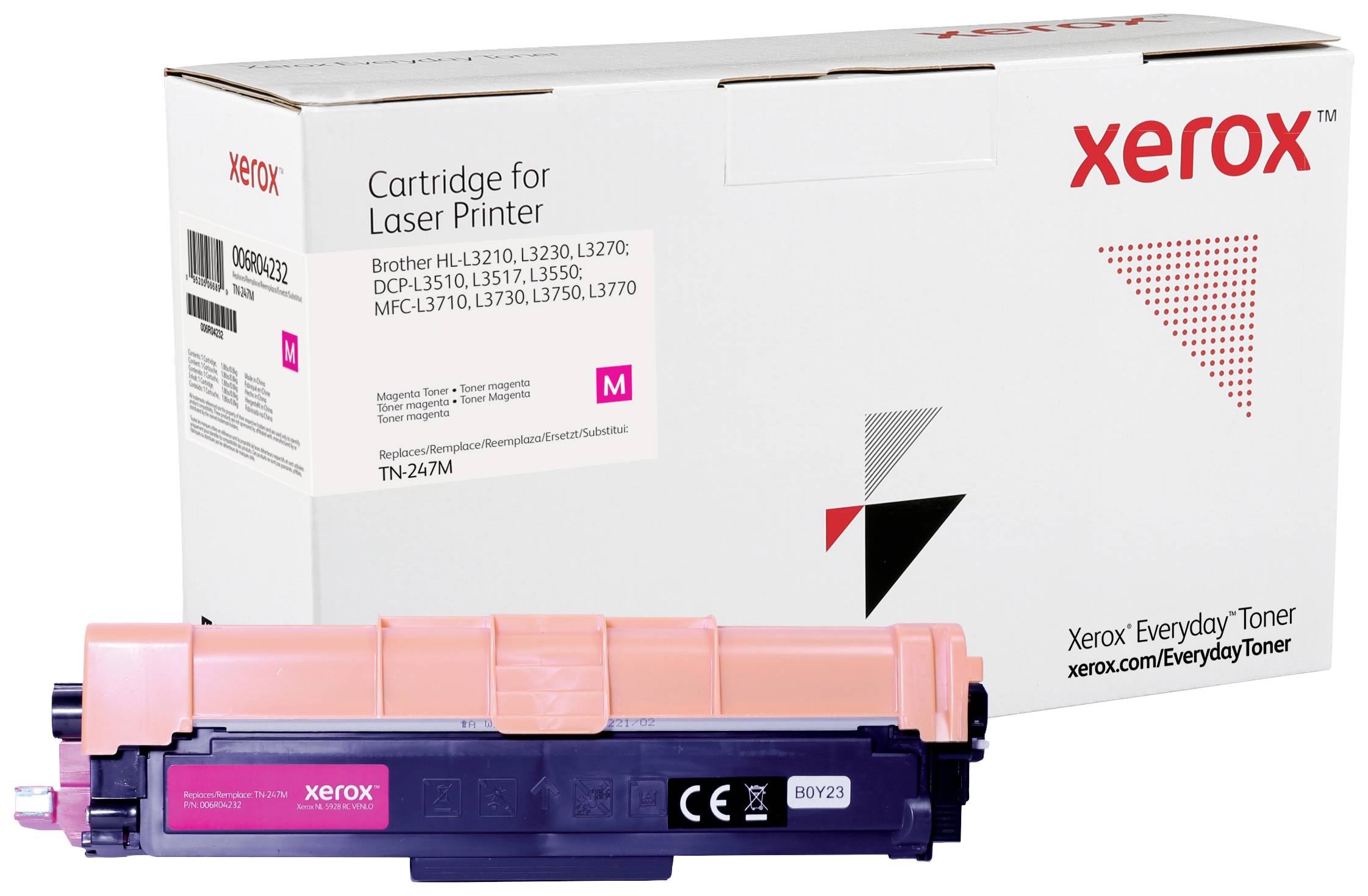 Cartridge for Xerox laser printer, Model TN-247M, beside packaging. Compatible with Brother printers as stated on the packaging.