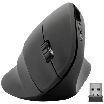 Vertical, wireless ergonomic mouse in grey with USB receiver. Suitable for comfortable working to reduce hand strain.