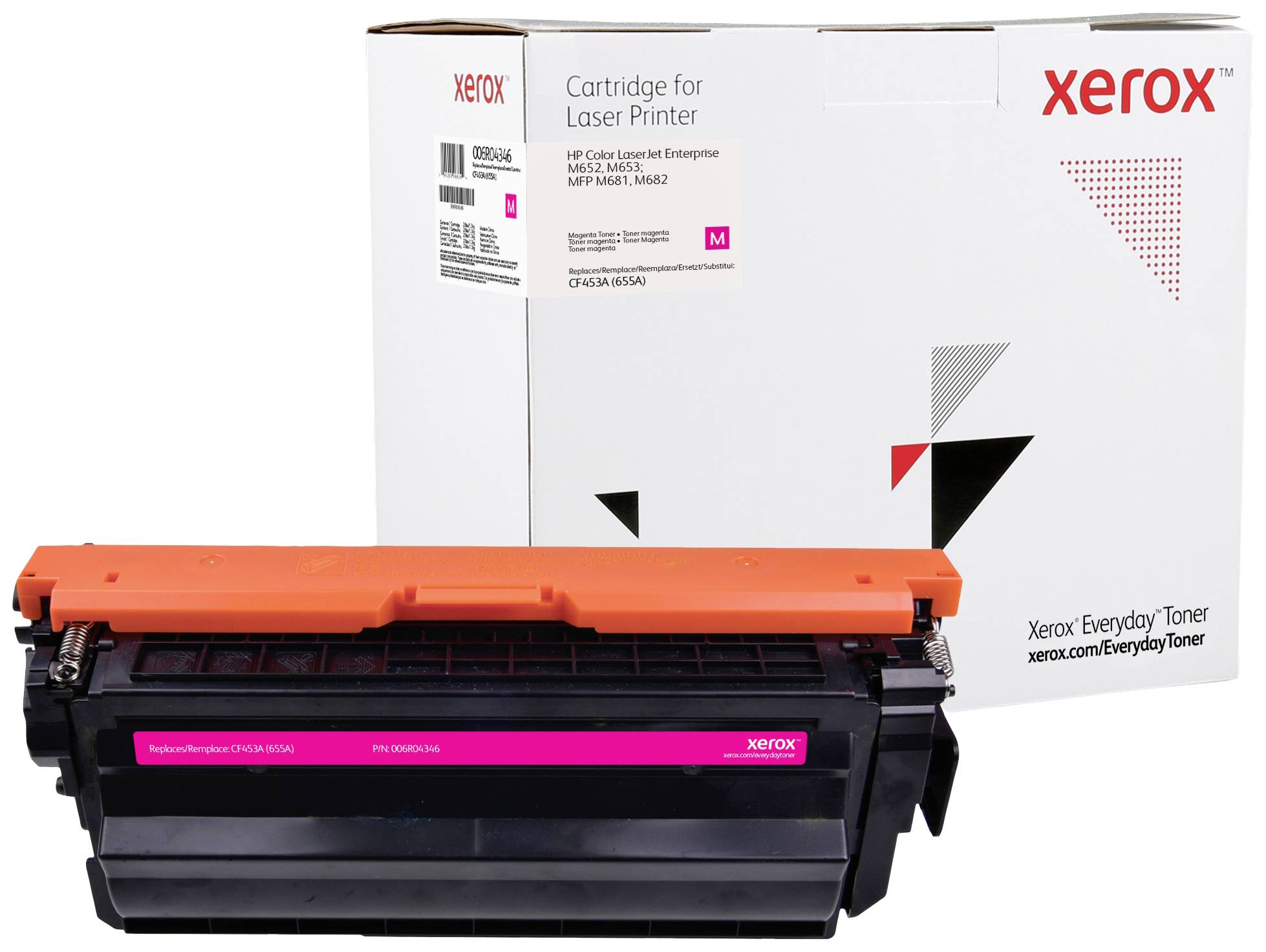 A pink toner cartridge for Xerox printers sits in front of its matching packaging, which bears the print 'Cartridge for Laser Printer'.