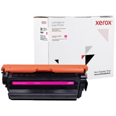 A pink toner cartridge for Xerox printers sits in front of its matching packaging, which bears the print 'Cartridge for Laser Printer'.